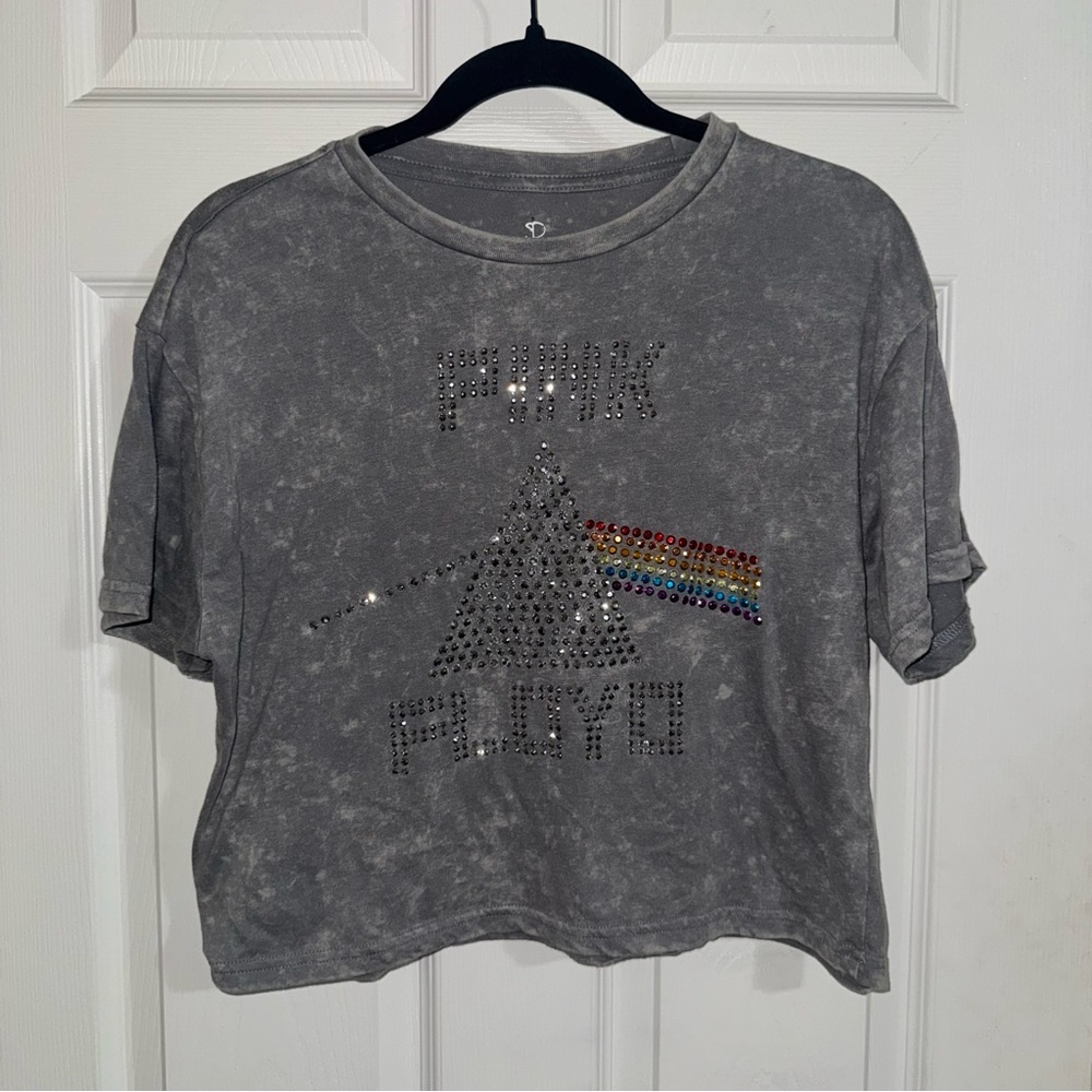 Pink Floyd Dark Side of the Moon Rhinestone Acid Wash‎ Crop Top Grey Medium